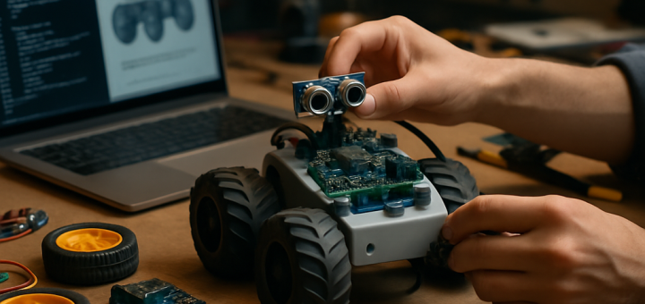 A person assembling a budget lunar robot in a creative workspace, surrounded by open-source
