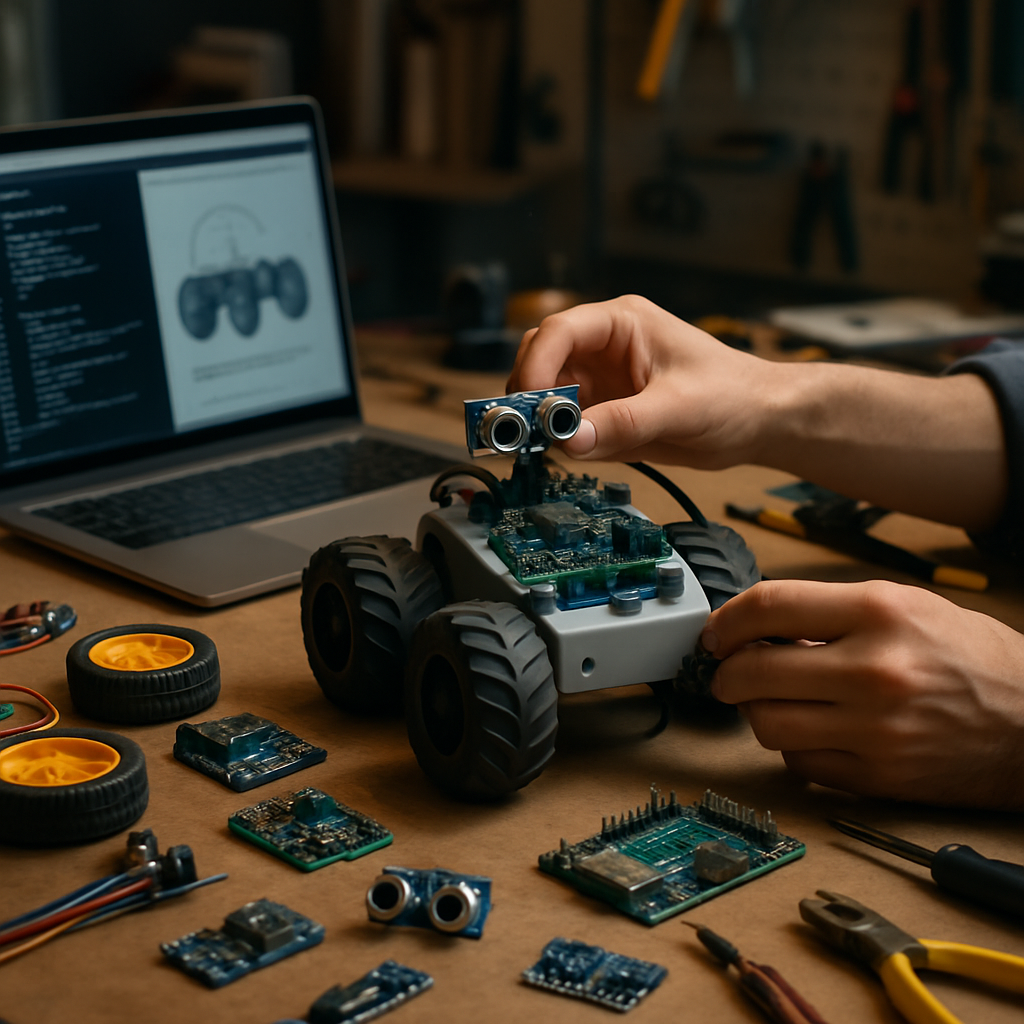 A person assembling a budget lunar robot in a creative workspace, surrounded by open-source
