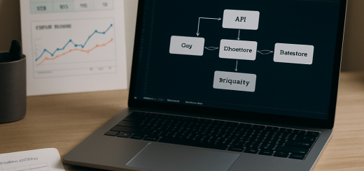 Photograph of a modern workspace with a laptop displaying data architecture for live fork