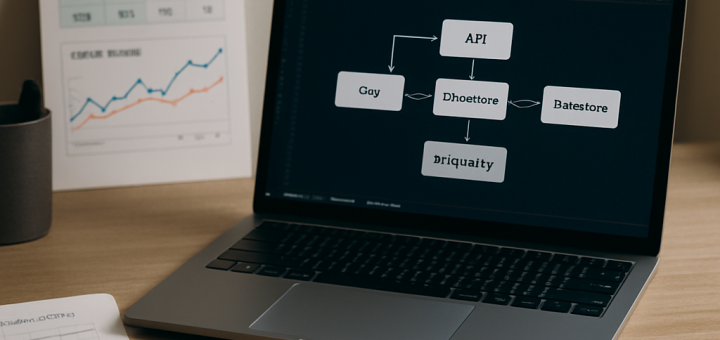 Photograph of a modern workspace with a laptop displaying data architecture for live fork
