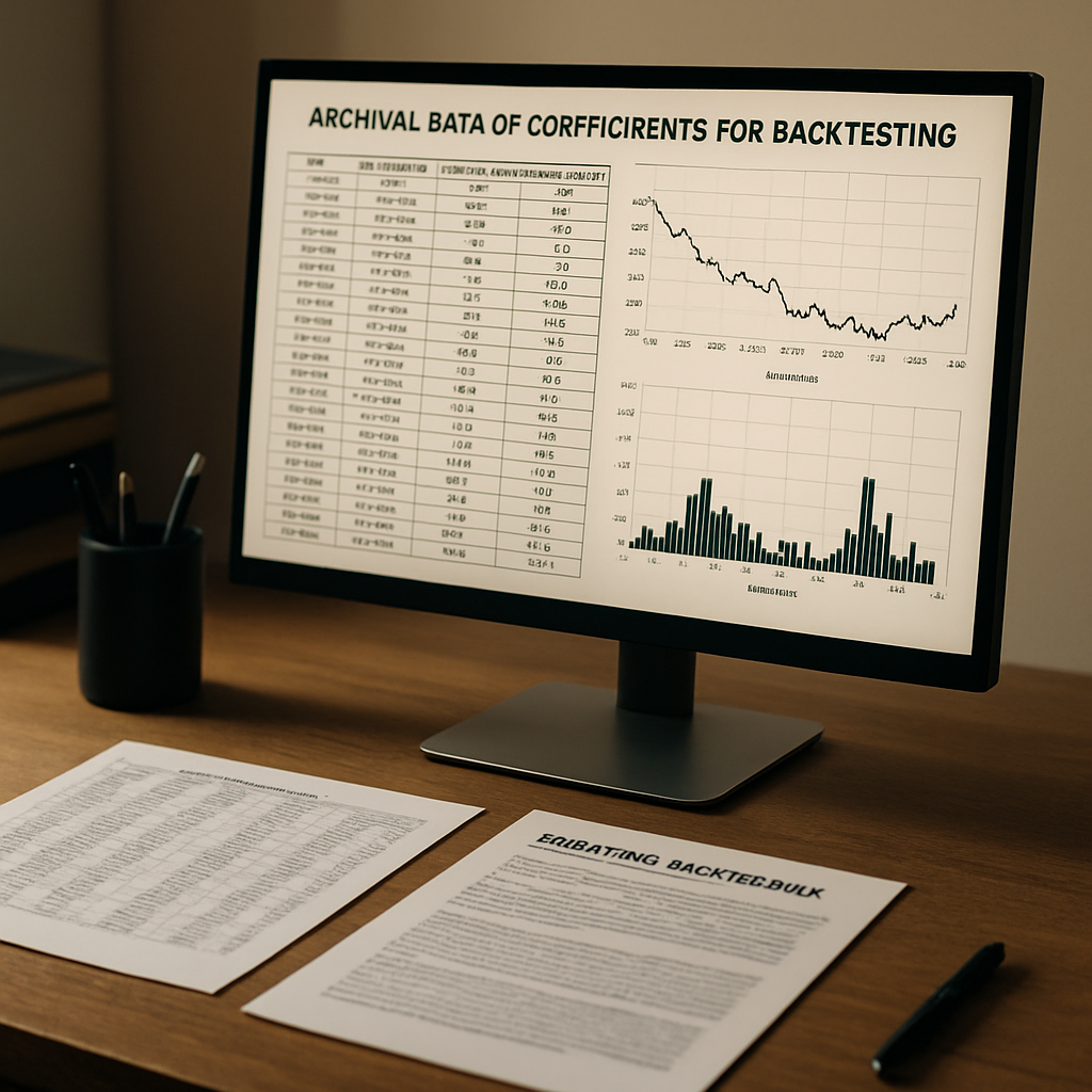 A clean and organized desk with a computer screen showing backtesting data and coefficients,