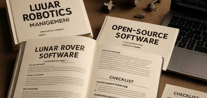 An overhead view showcasing open-source software resources for managing lunar robotics, with an emphasis