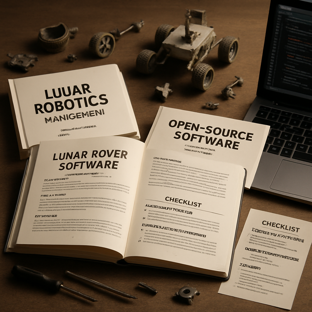 An overhead view showcasing open-source software resources for managing lunar robotics, with an emphasis