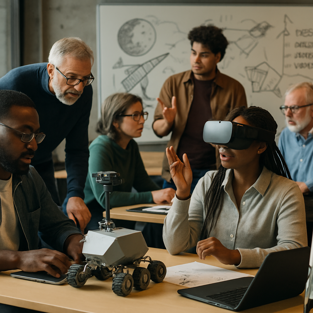 Diverse group of people collaborating on a lunar robotics project in a modern workspace.
